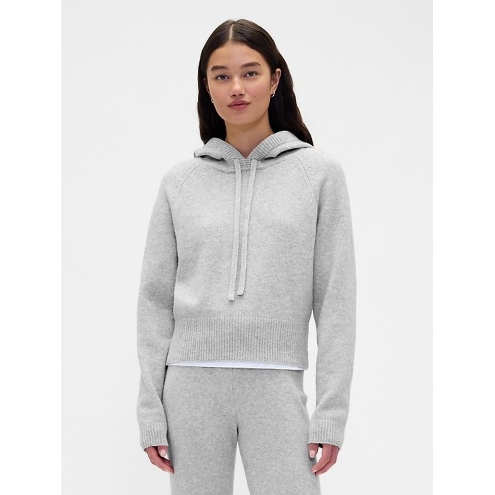 Gap CashSoft Hoodie Sweater XS Petite Light Grey Cropped Knit 820722-01-1